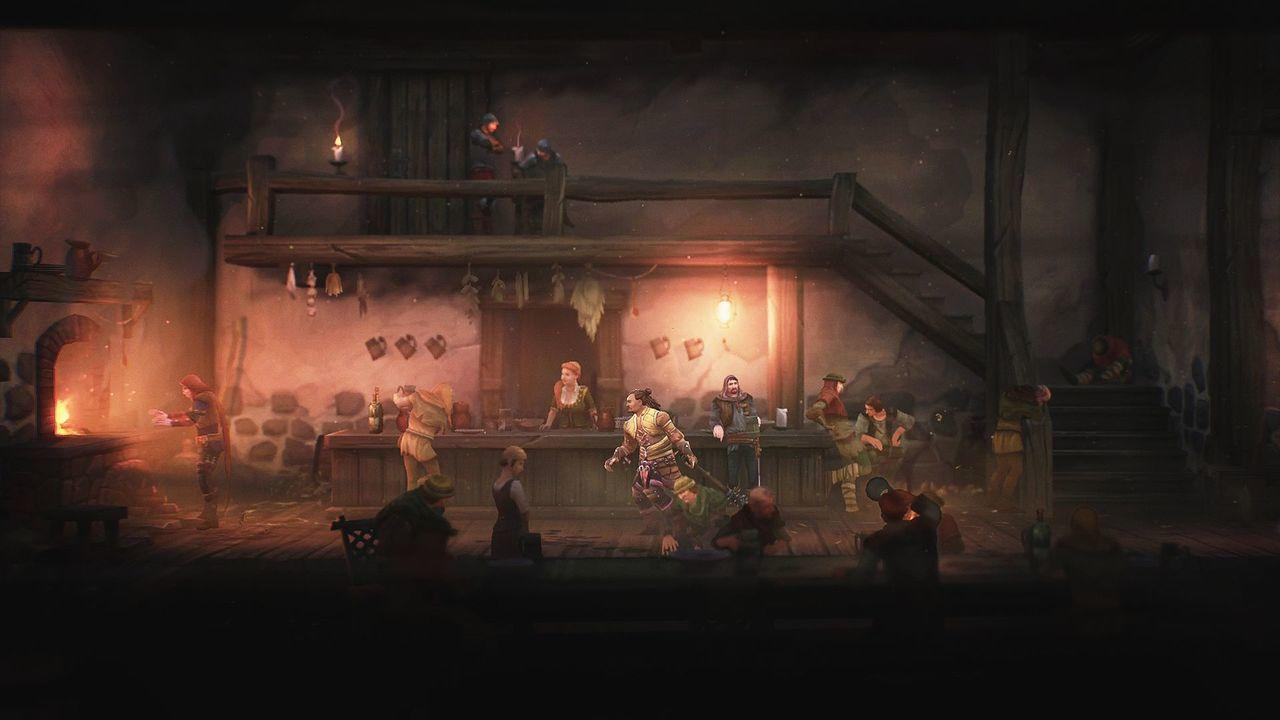 Spielszene in einer Taverne. Charaktere kämpfen, eine Bar und ein Kamin. Dunkle und chaotische Umgebung.