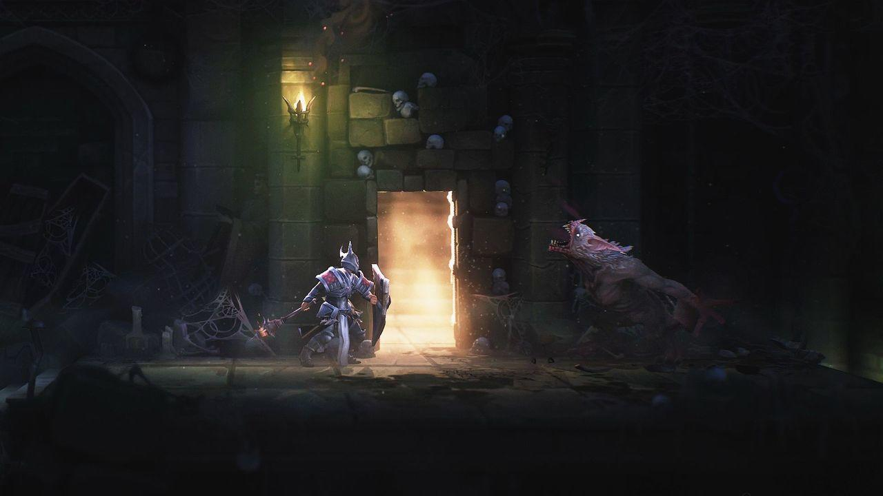 Ein Ritter nähert sich einem Portal, aus dem ein Monster auftaucht, in einem dunklen Steinkorridor, mit Feuer.