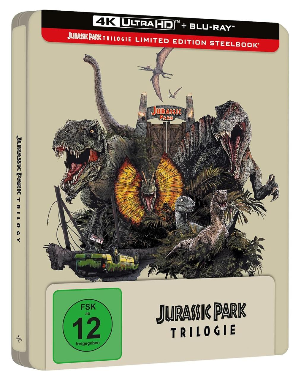 Jurassic Park Trilogie Blu-ray-Hülle mit Dinosaurierbildern und 'Jurassic Park'-Titel.
