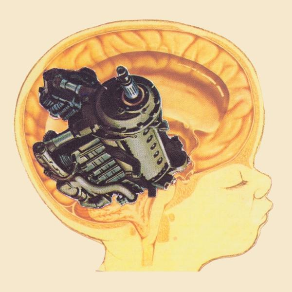 Illustration eines Babykopfes mit einem mechanischen Gerät im Inneren, das das Gehirn darstellt.