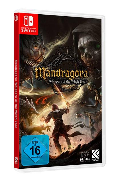 Spielbox-Art: Krieger kämpft gegen Monster, Titel 'Mandragora', Switch-Logo. Dunkles Fantasy-Thema, rote Box.