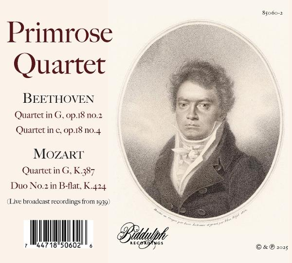 CD-Cover: Porträt eines Mannes, Titel 'Primrose Quartet', Musiktitel, Biddulph Recordings Logo.