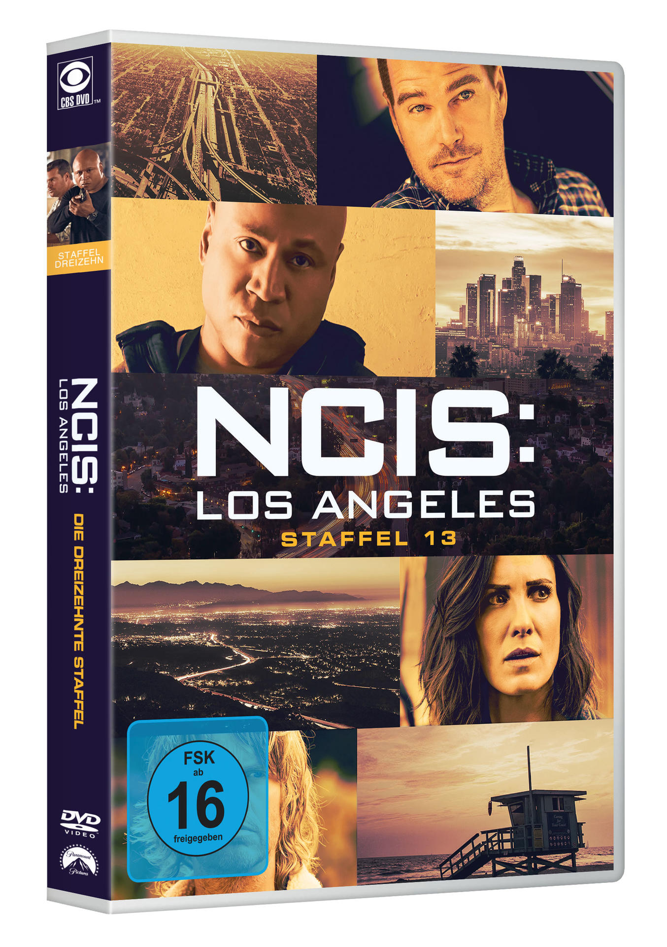 NCIS: Los Angeles DVD-Cover mit einer Collage von Bildern der Darsteller und der Stadt. Staffel 13 wird erwähnt.