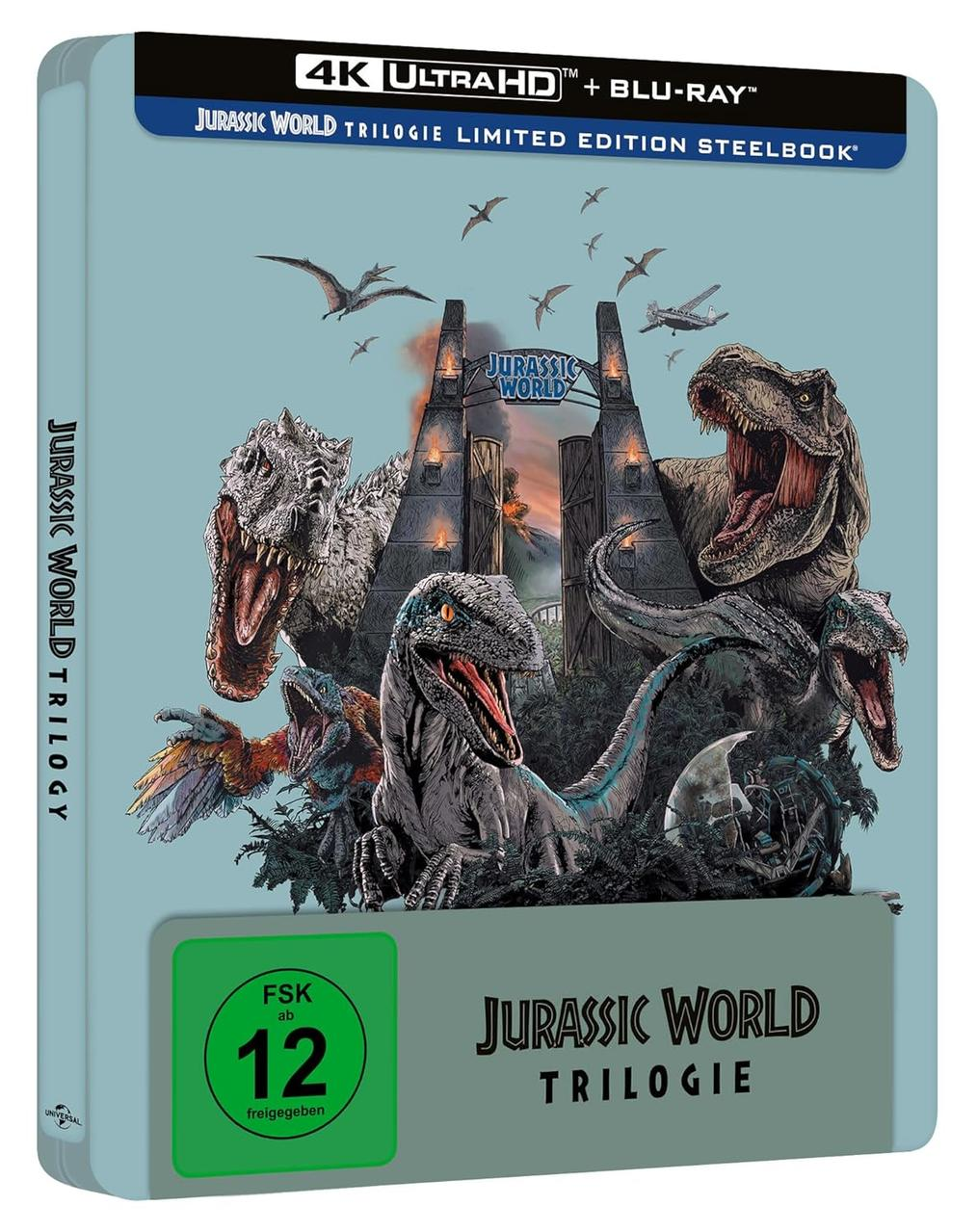 Blu-ray-Cover für „Jurassic World Trilogie“. Dinosaurier werden auf blauem Grund gezeigt.