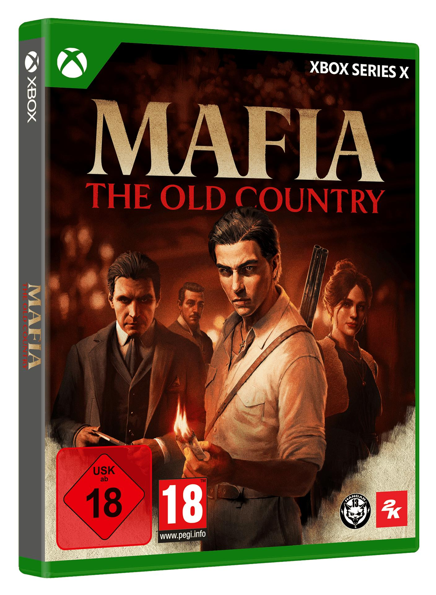 Mafia: The Old Country Xbox Series X Spielcover. Männer in Anzügen und eine Waffe.