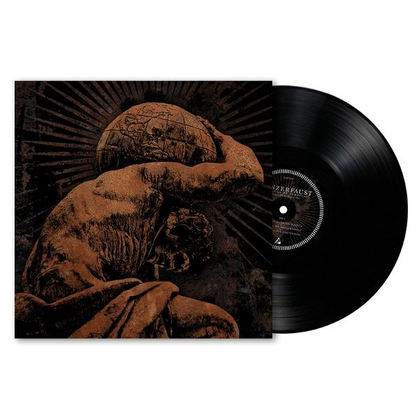 Vinyl-Schallplattenhülle mit einer Figur, die einen Globus hält.