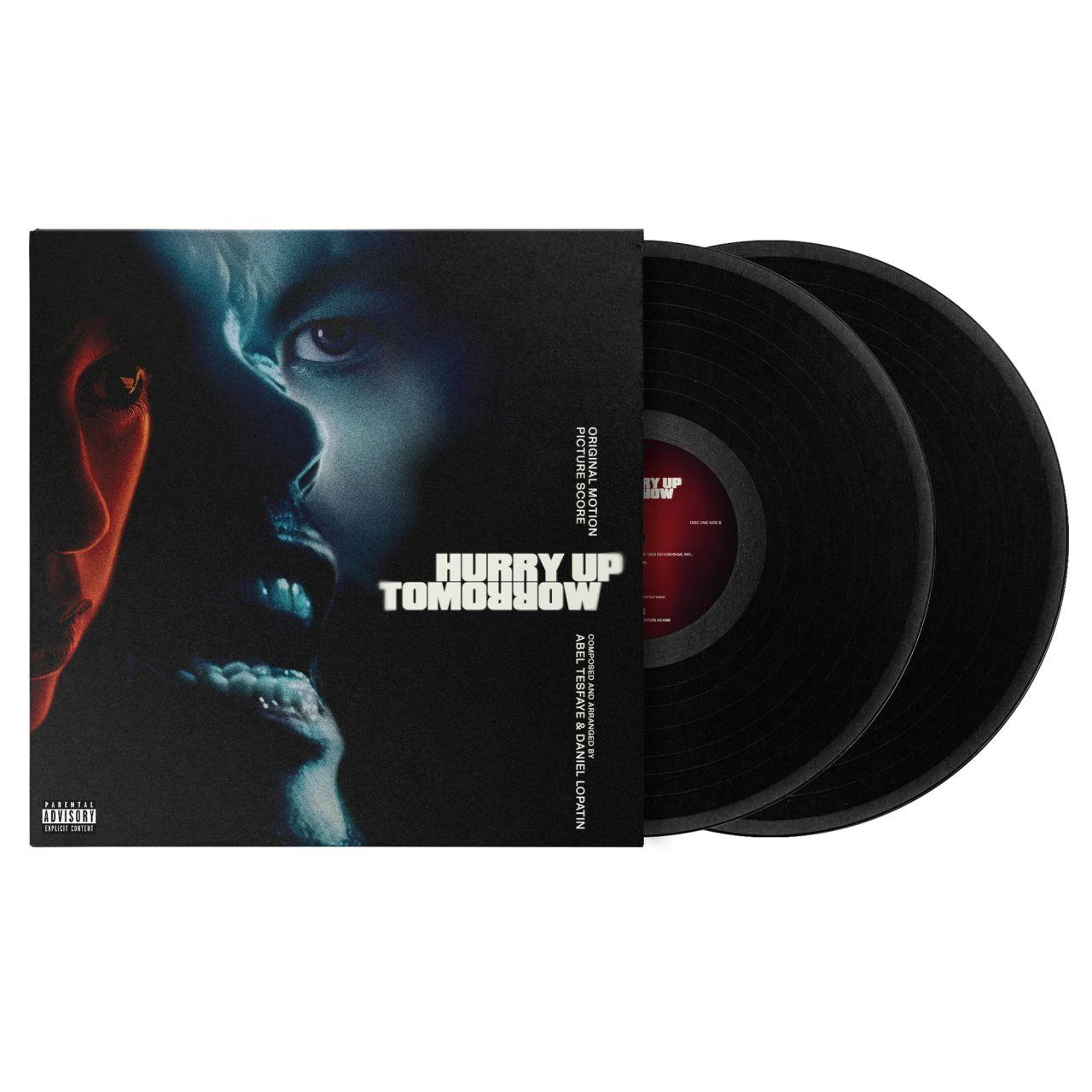 Ein Vinyl-Schallplatten-Albumcover mit zwei Schallplatten. Das Cover hat ein Gesicht und Text.