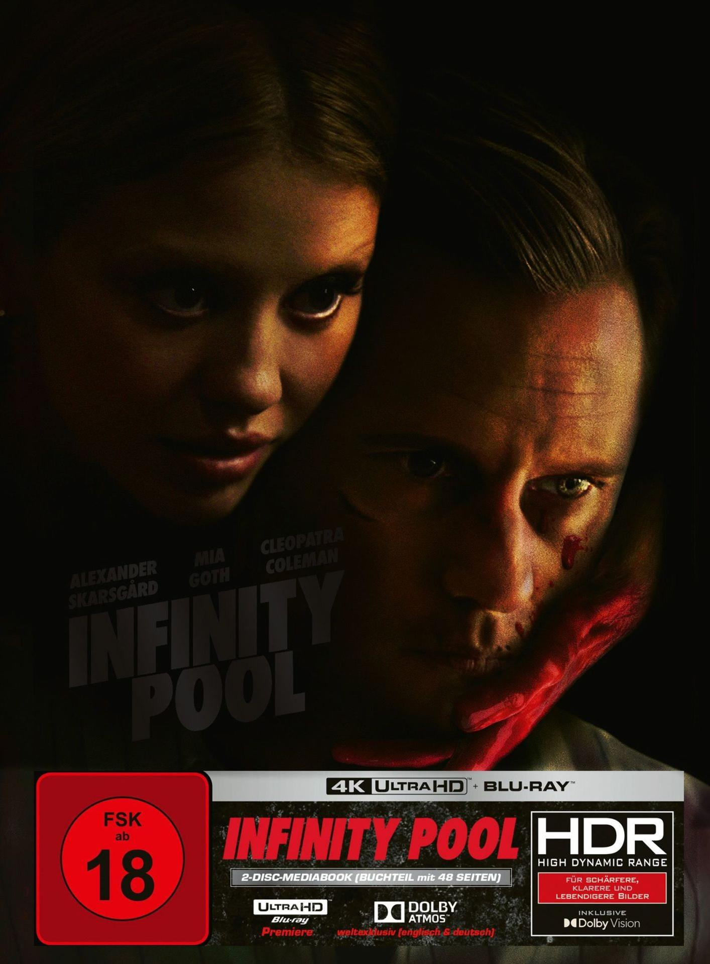 Nahaufnahme von zwei Personen, "Infinity Pool" Filmplakat mit FSK 18.