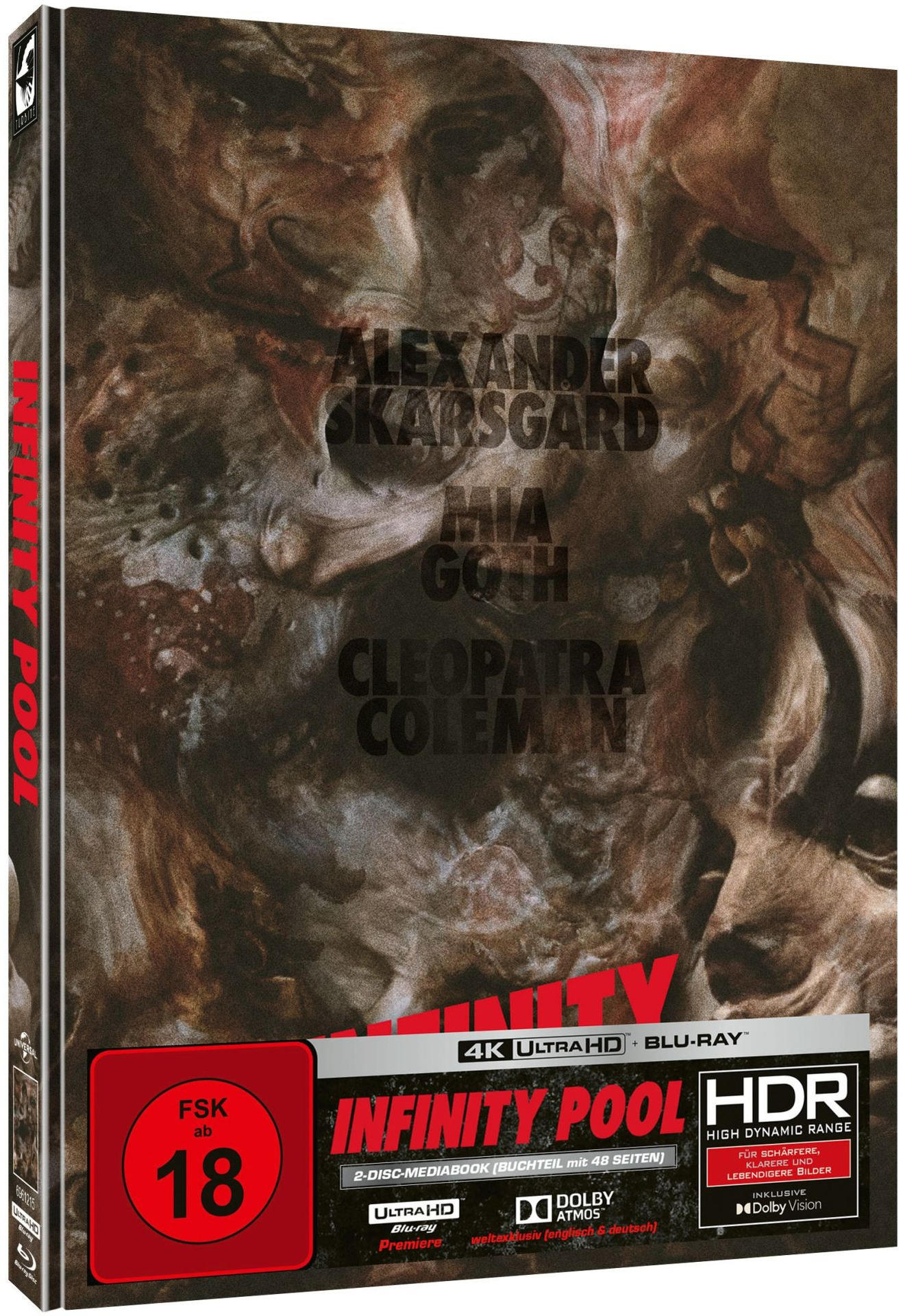 Cover von 'Infinity Pool' mit Schauspielernamen, FSK 18, 4K UHD & Blu-ray Logo.