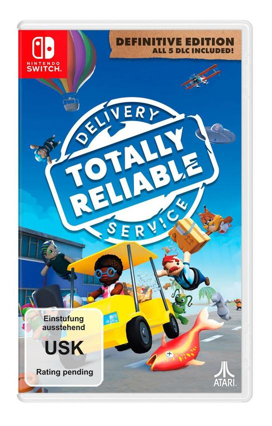 Nintendo Switch-Spielbox für „Delivery Totally Reliable Service“. Mit Zeichentrickfiguren und einem gelben Auto.