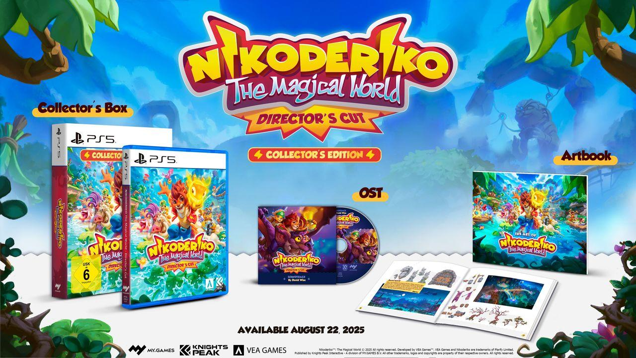 Werbebild mit Spielboxen, darunter eine Collector's Box, OST und Artbook, für „Nikoderiko The Magical World“.