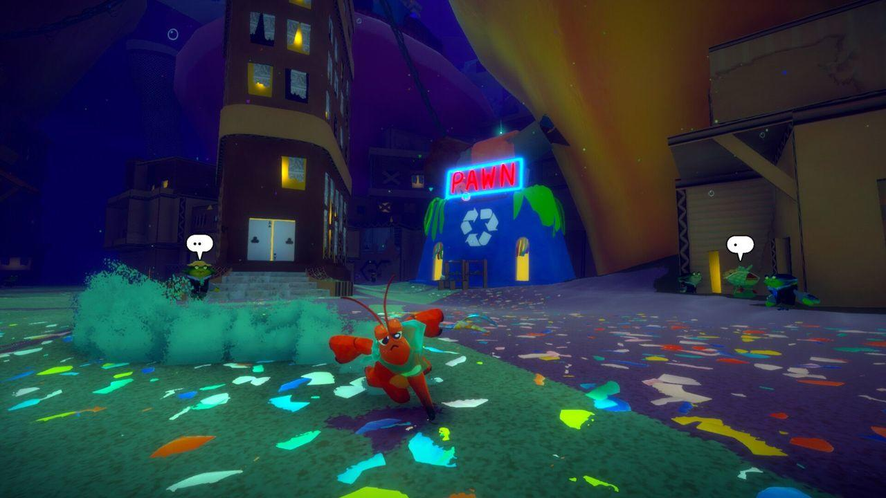 Ein roter Cartoon-Charakter in einer neonbeleuchteten Spielwelt, mit anderen Charakteren.