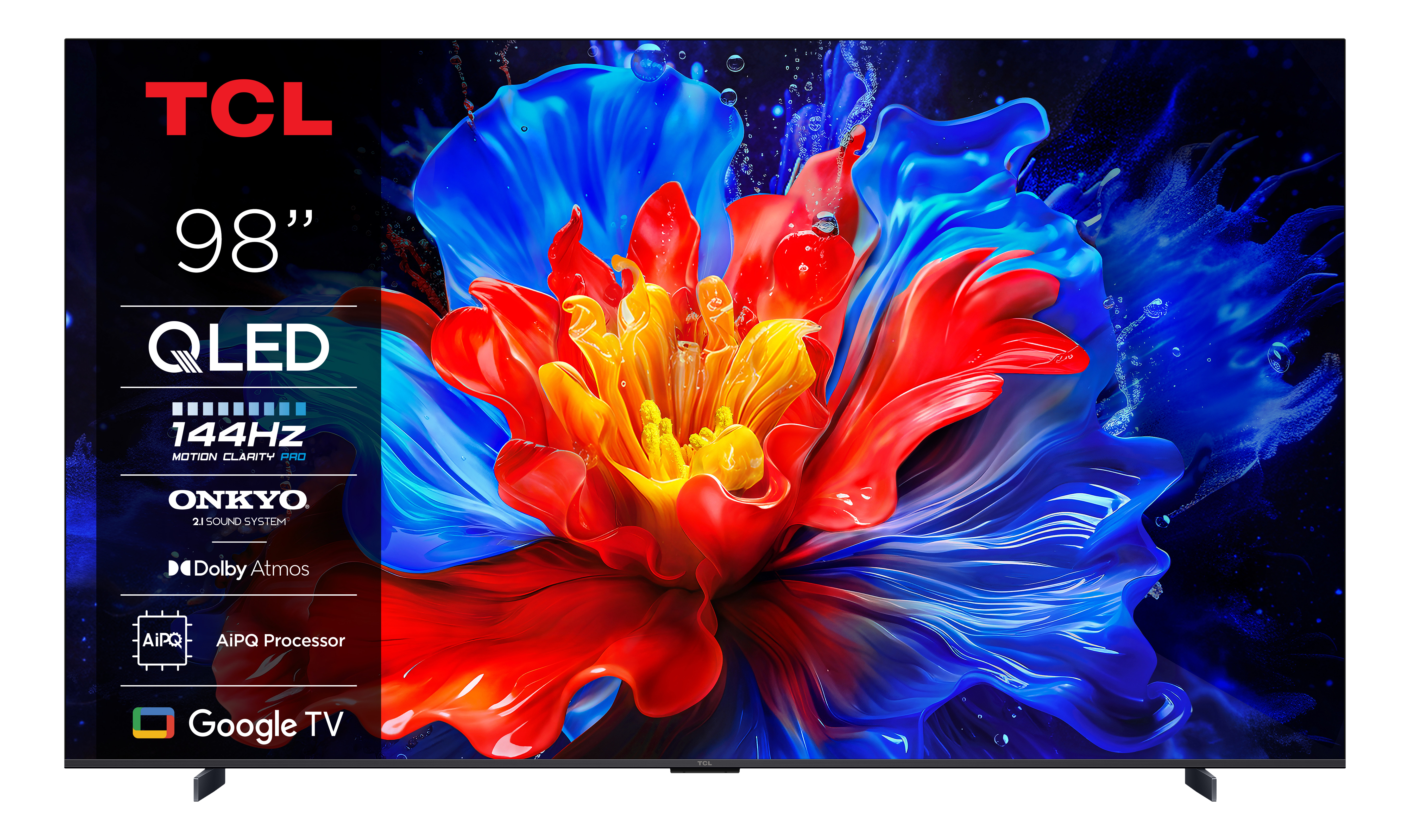 TCL 98" QLED-Fernseher mit lebendiger Blumendarstellung und mehreren Funktionslogos.