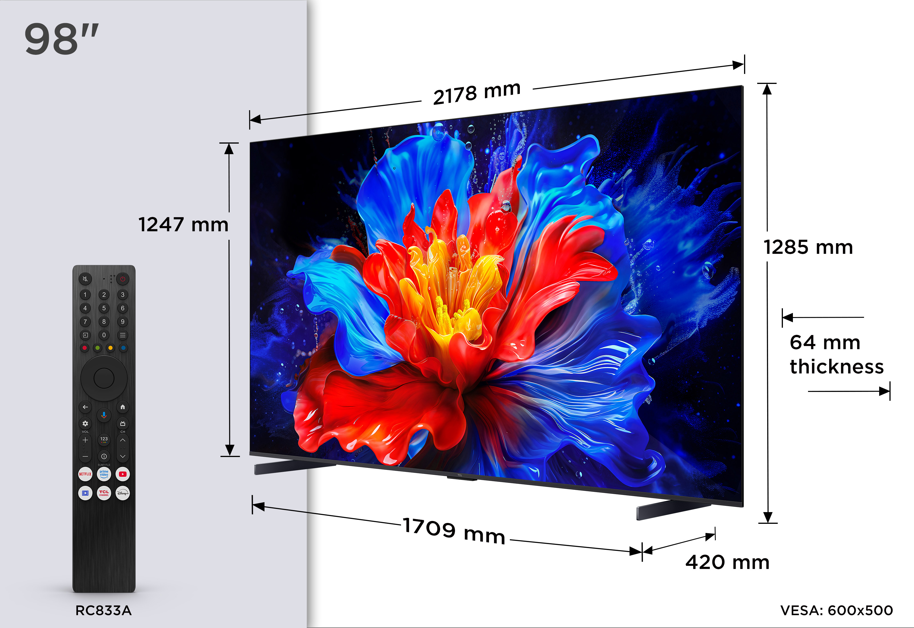 Ein 98"-Fernseher mit Ständer und Fernbedienung. Abmessungen sind angegeben, mit Blumenschmuck.
