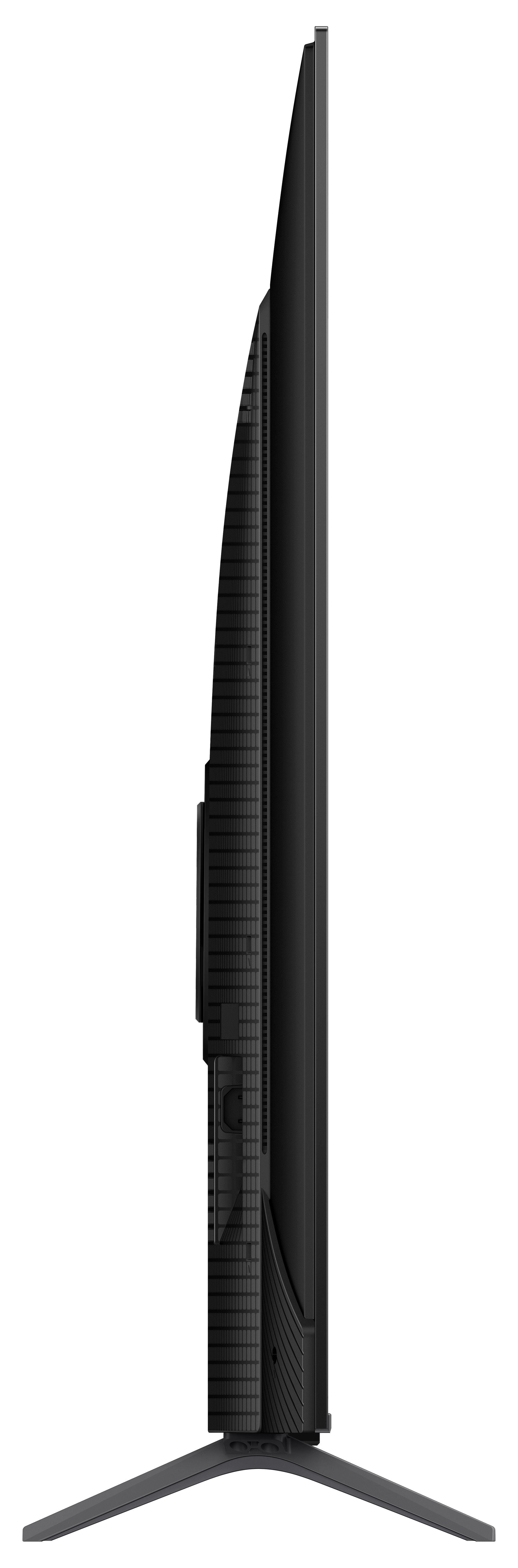 Vue latérale d'un téléviseur noir montrant le cadre, les ports et le support.