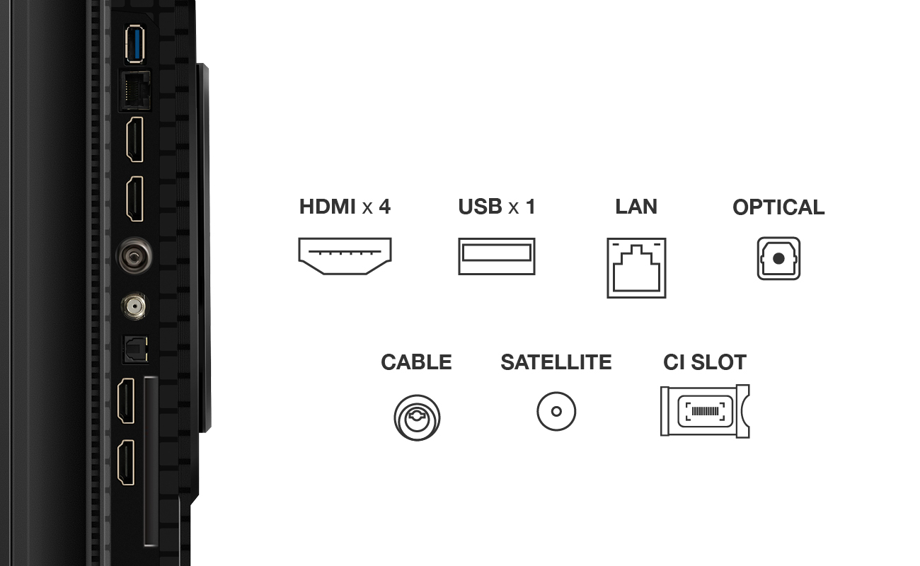 Panneau arrière d'un téléviseur, montrant divers ports. HDMI, USB, LAN et autres connecteurs sont étiquetés.