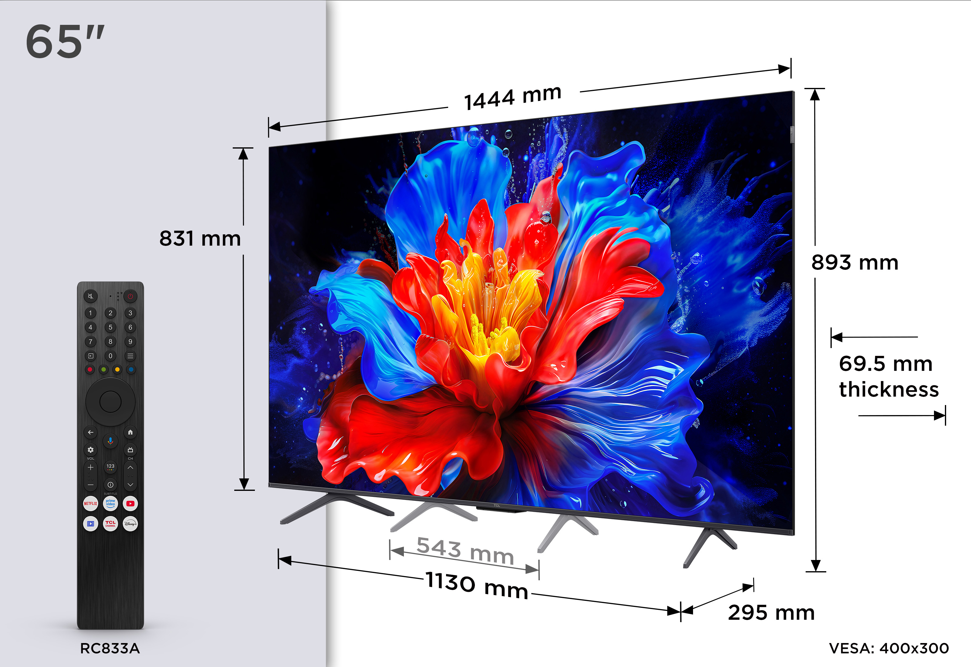 Un téléviseur 65” avec dimensions affichées, une télécommande et un affichage floral. Les mesures sont également indiquées.