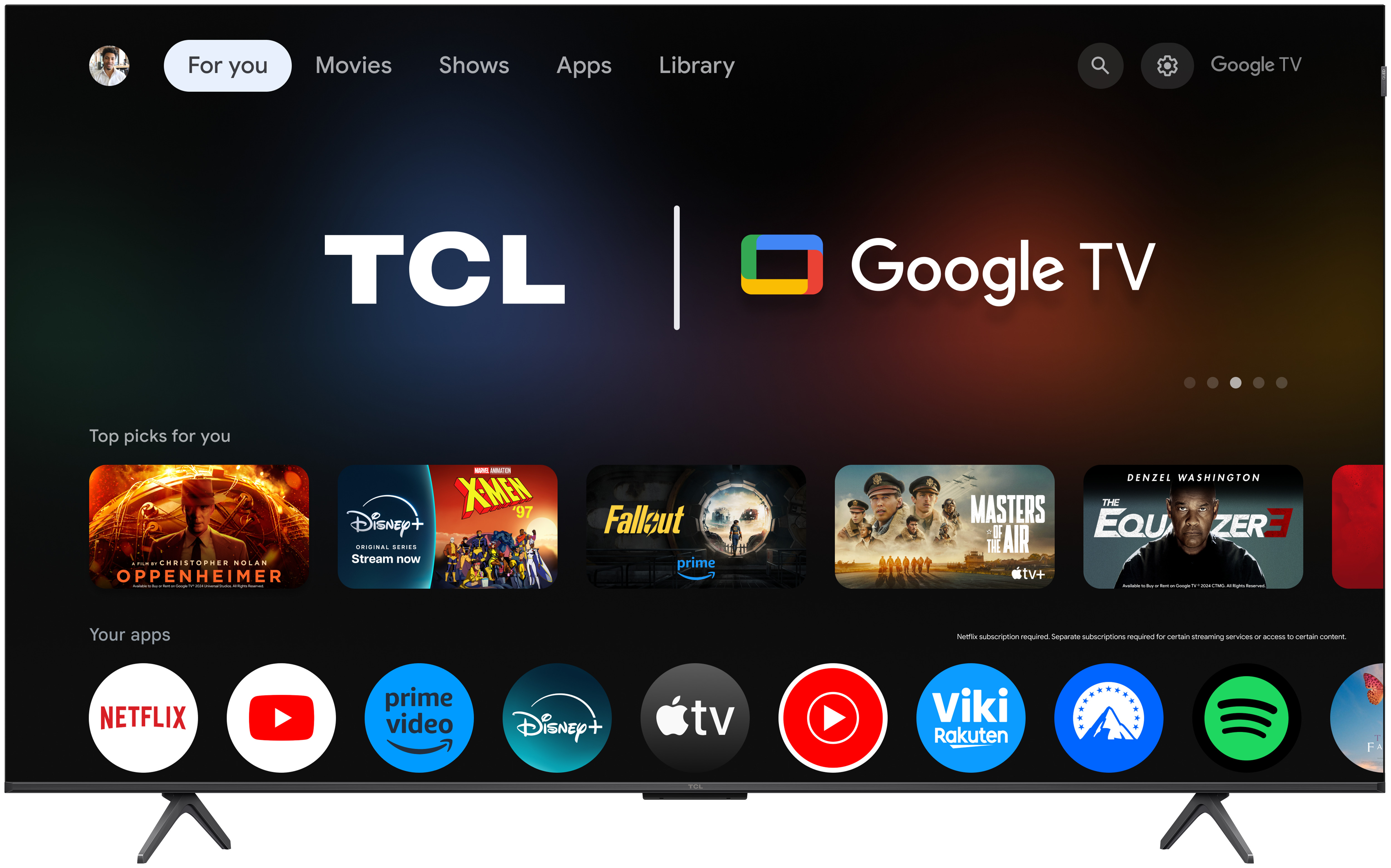 Téléviseur TCL avec interface Google TV. Comprend des recommandations de films et d'émissions, et des raccourcis d'applications comme Netflix et YouTube.