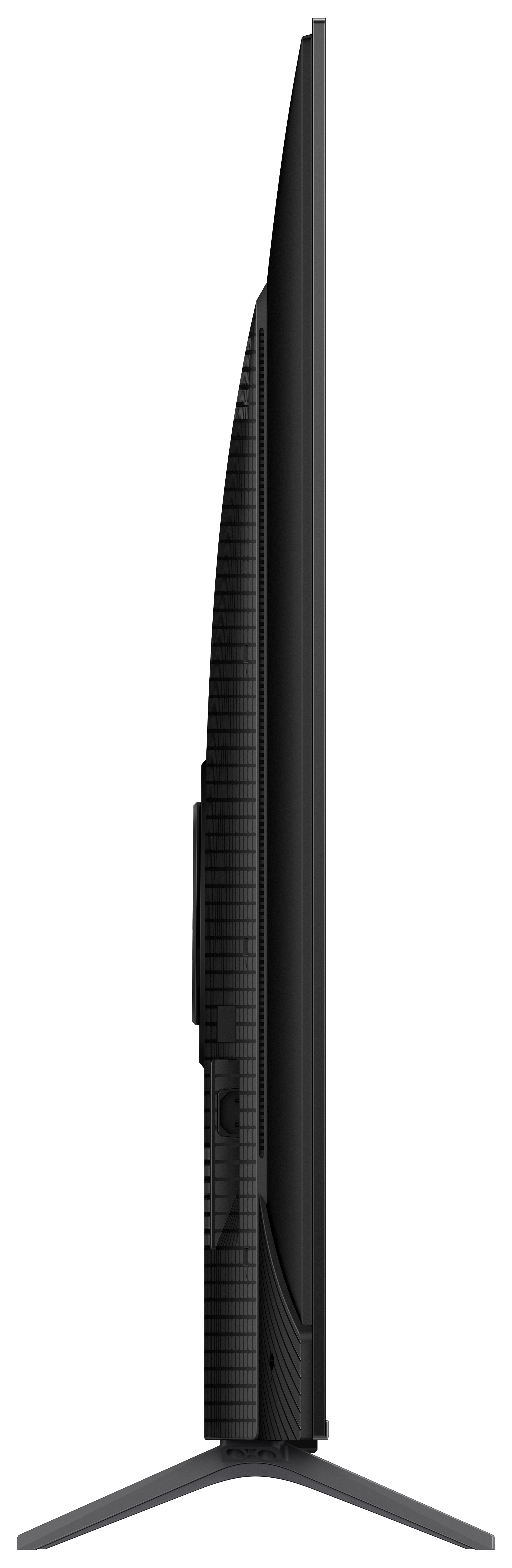 Vue latérale d'un téléviseur noir montrant le cadre, les ports et le support.