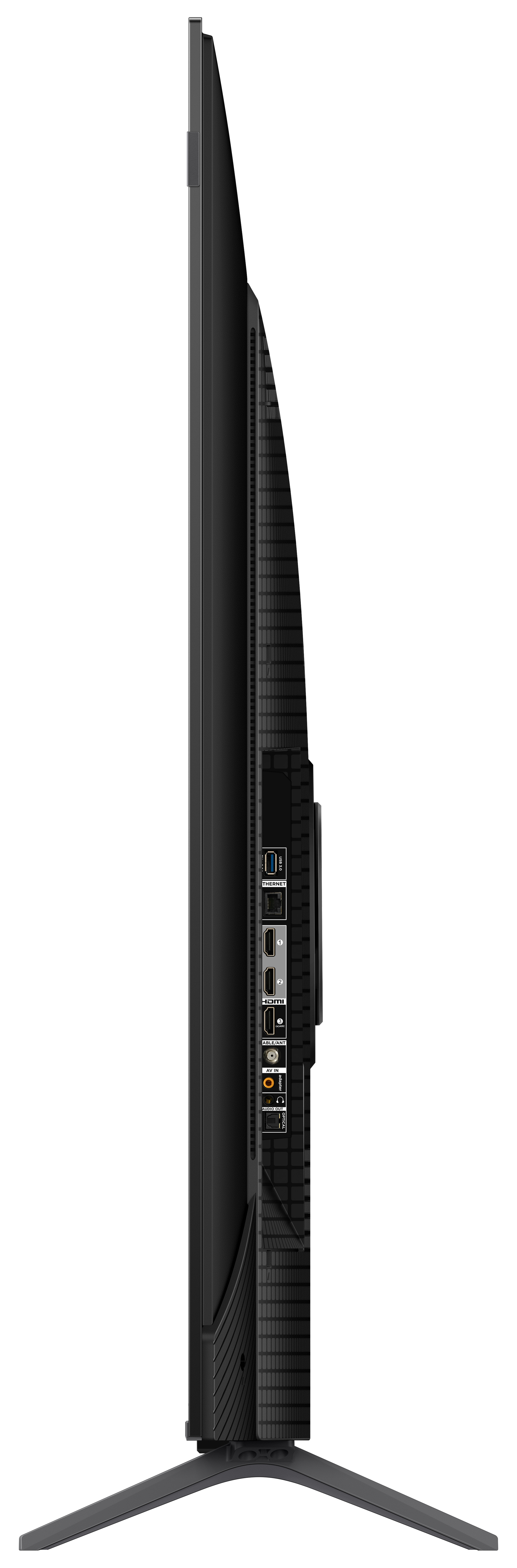 Vue latérale d'un téléviseur TCL noir avec un support. Les ports et les fonctionnalités sont visibles.