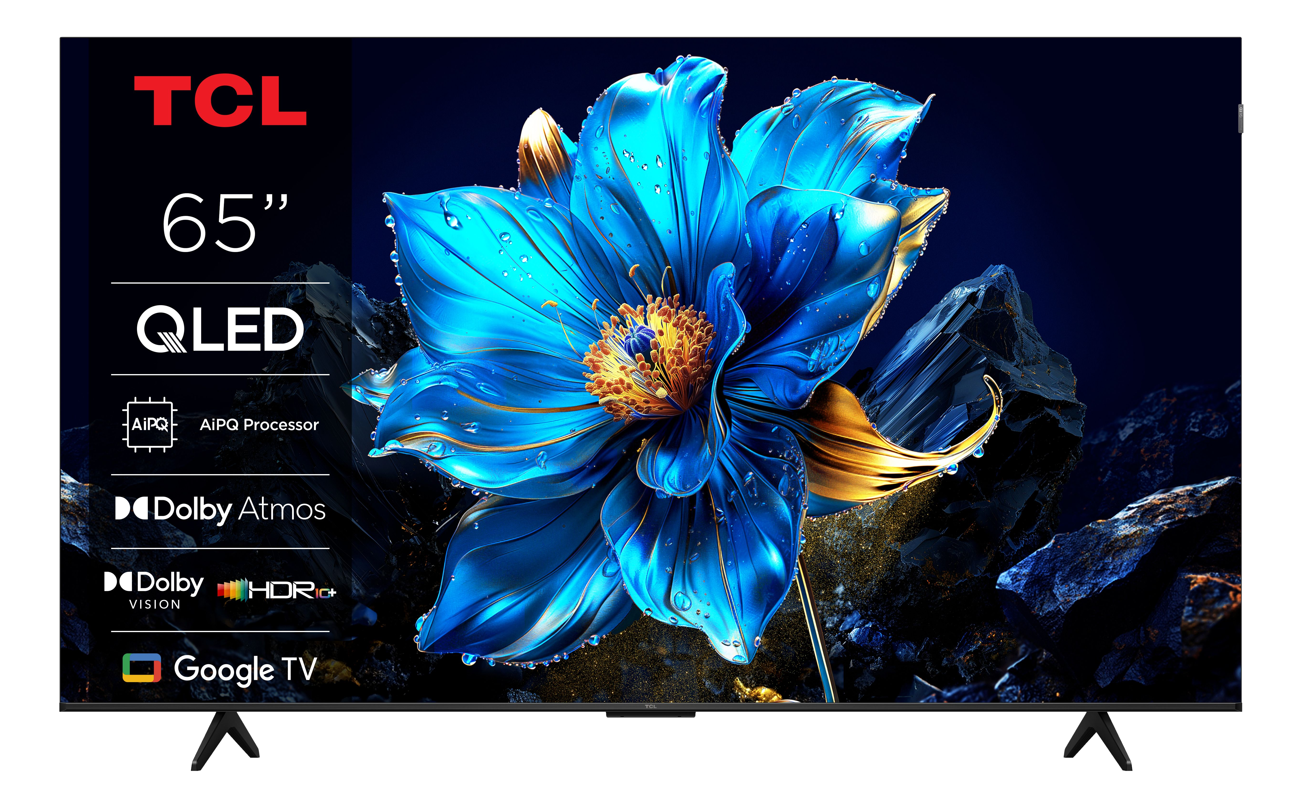 Un téléviseur TCL QLED 65" avec un affichage floral vibrant à l'écran, et le logo Google TV.