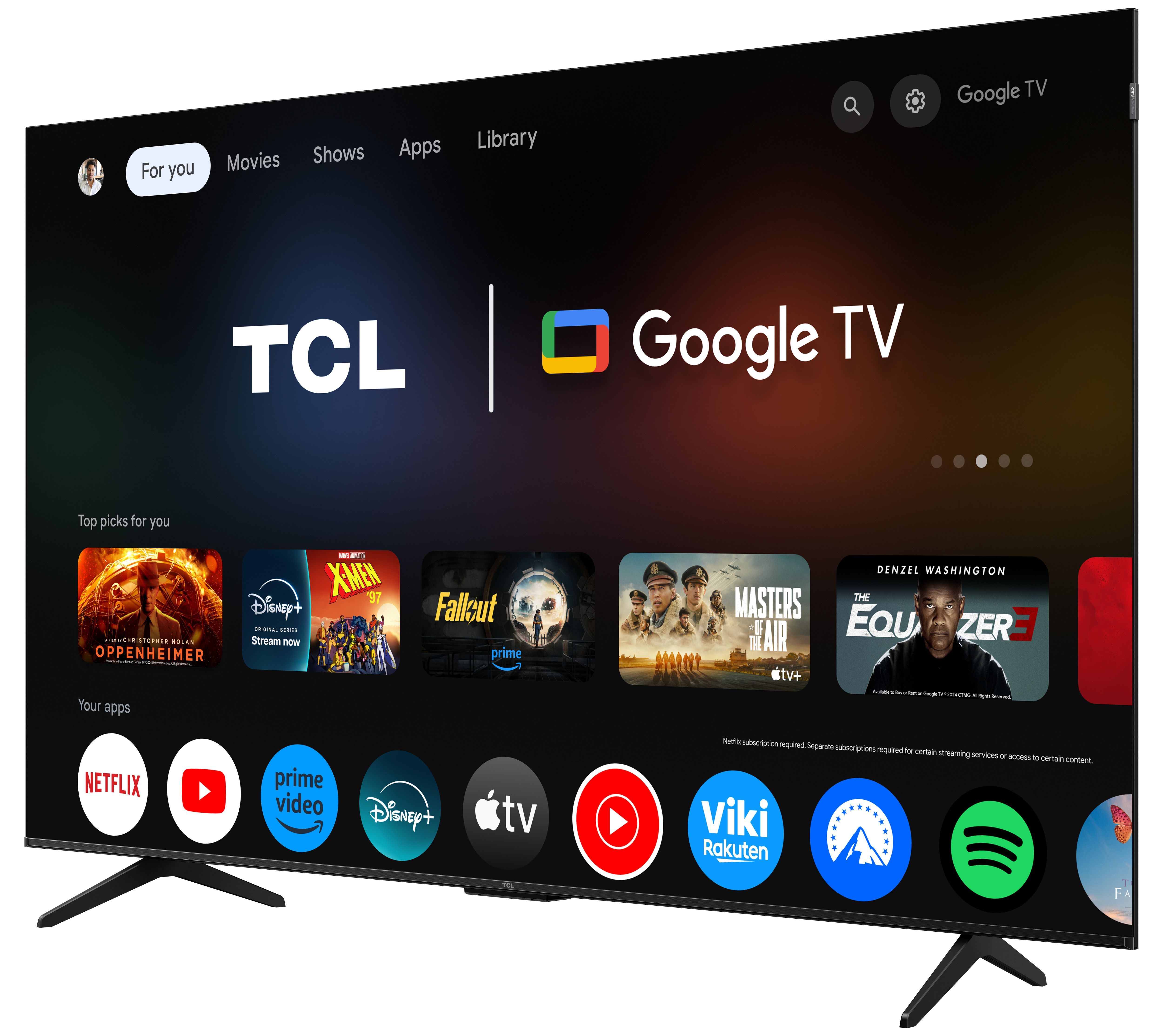 Écran TCL Google TV, affichant un écran d'accueil avec des icônes d'applications et des suggestions de films. Support noir.