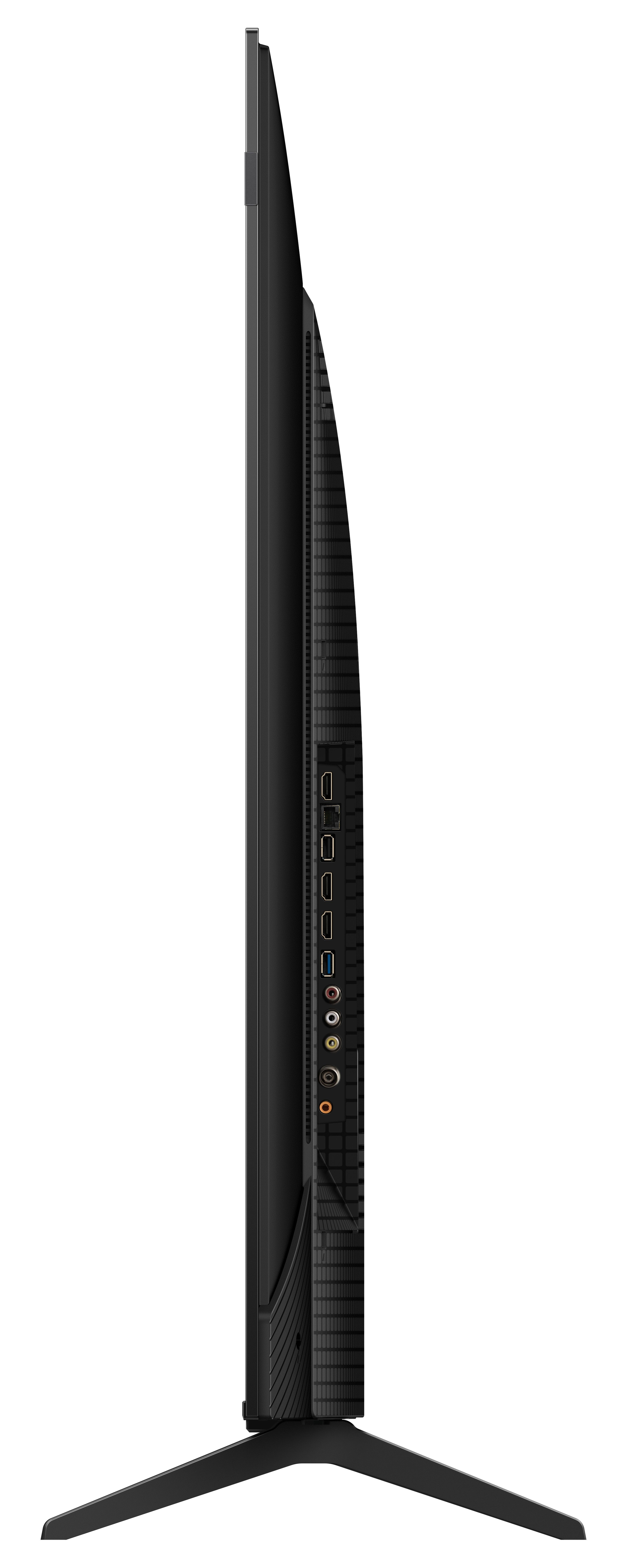Vue latérale d'un téléviseur Hisense noir avec support, présentant les ports et les fonctionnalités.