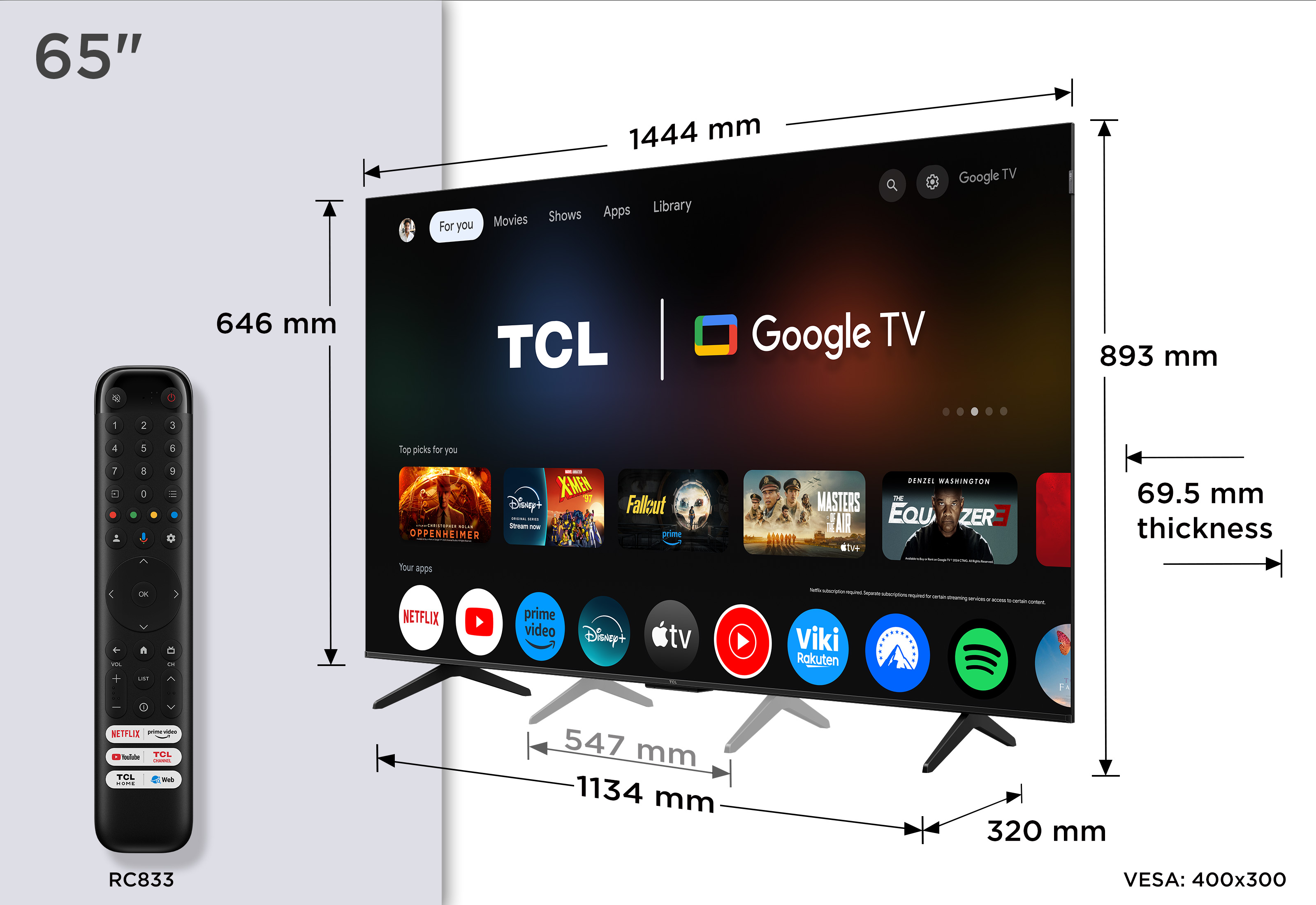 Téléviseur avec interface Google TV, avec dimensions. Une télécommande est à gauche. 65 pouces, 1444 mm de long.