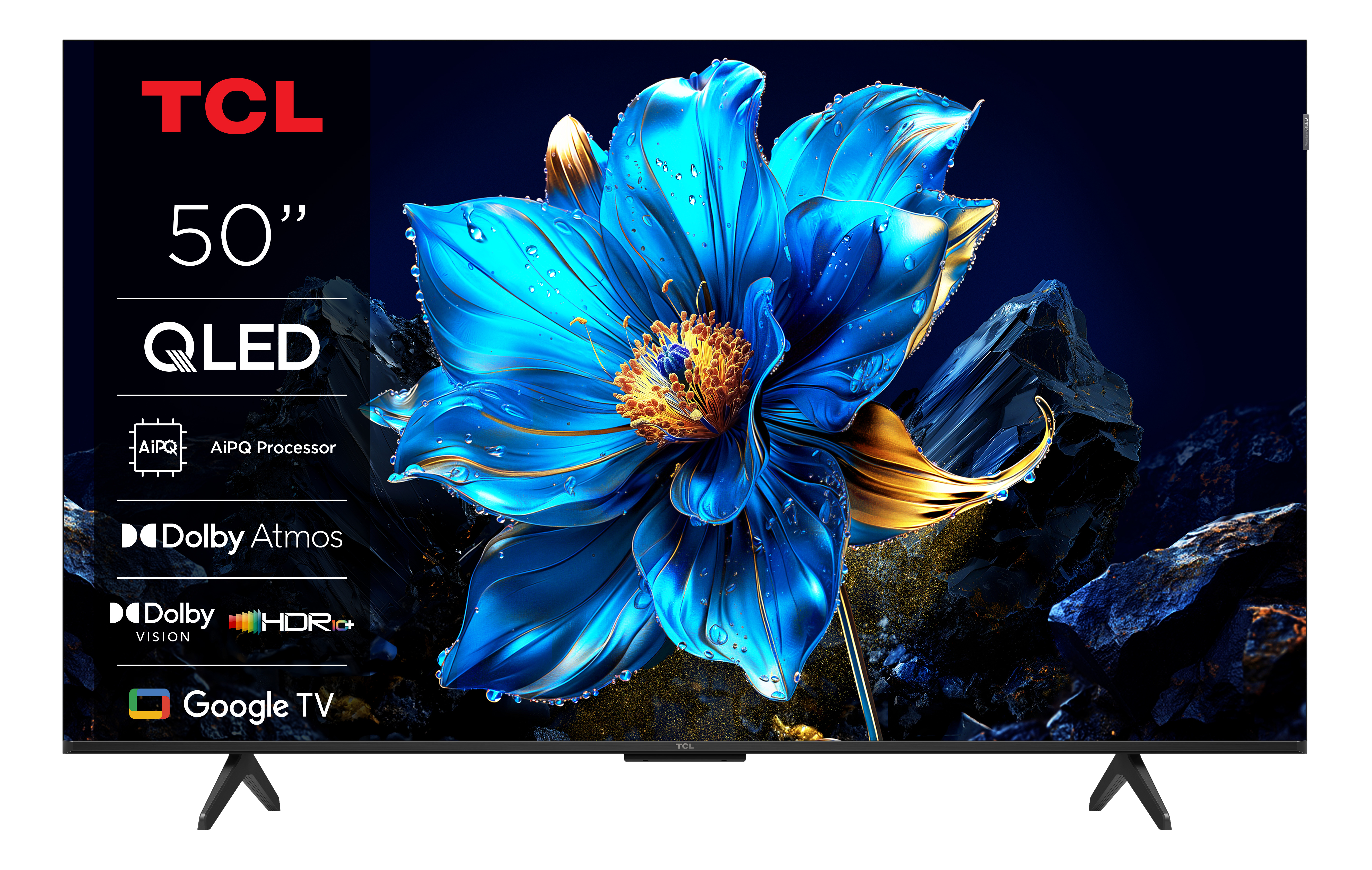 TV TCL QLED 50" avec des fonctionnalités comme Dolby Atmos, Google TV et IA.