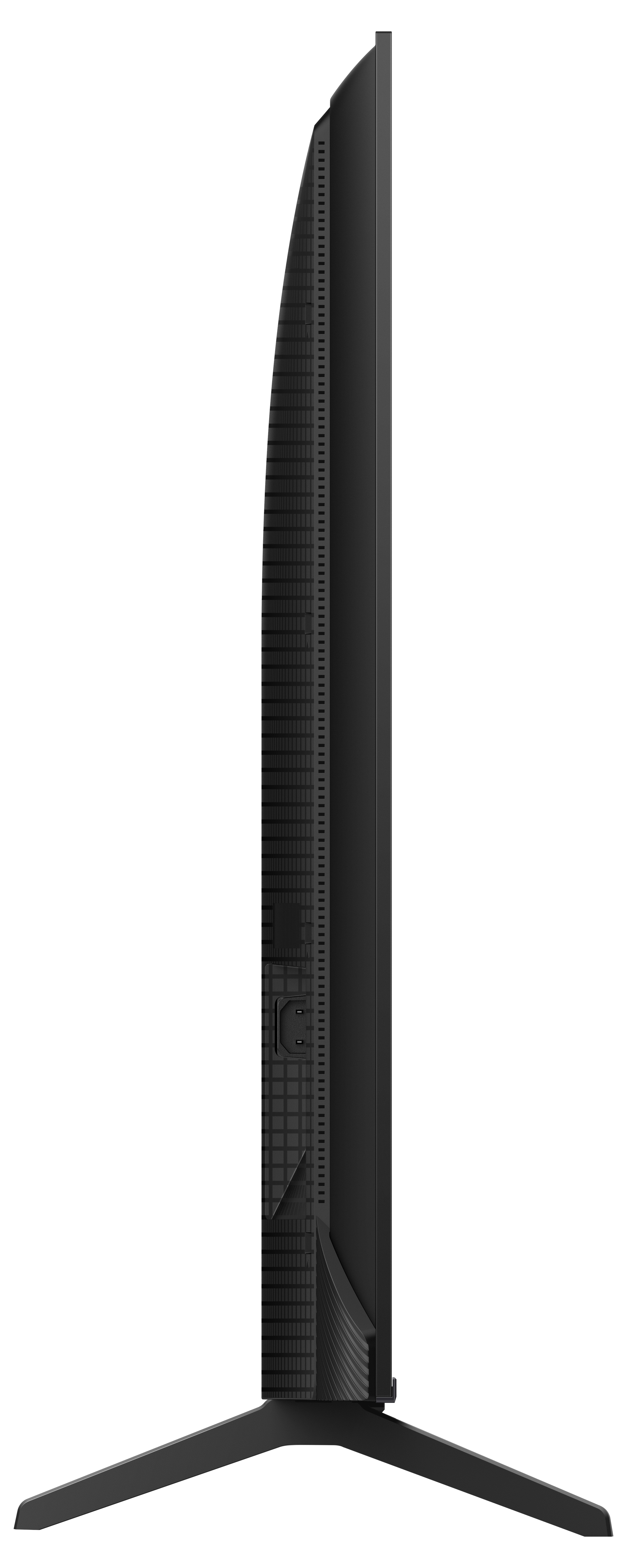 Vue latérale d'un téléviseur TCL noir avec un support. Les ports et les fonctionnalités sont visibles.