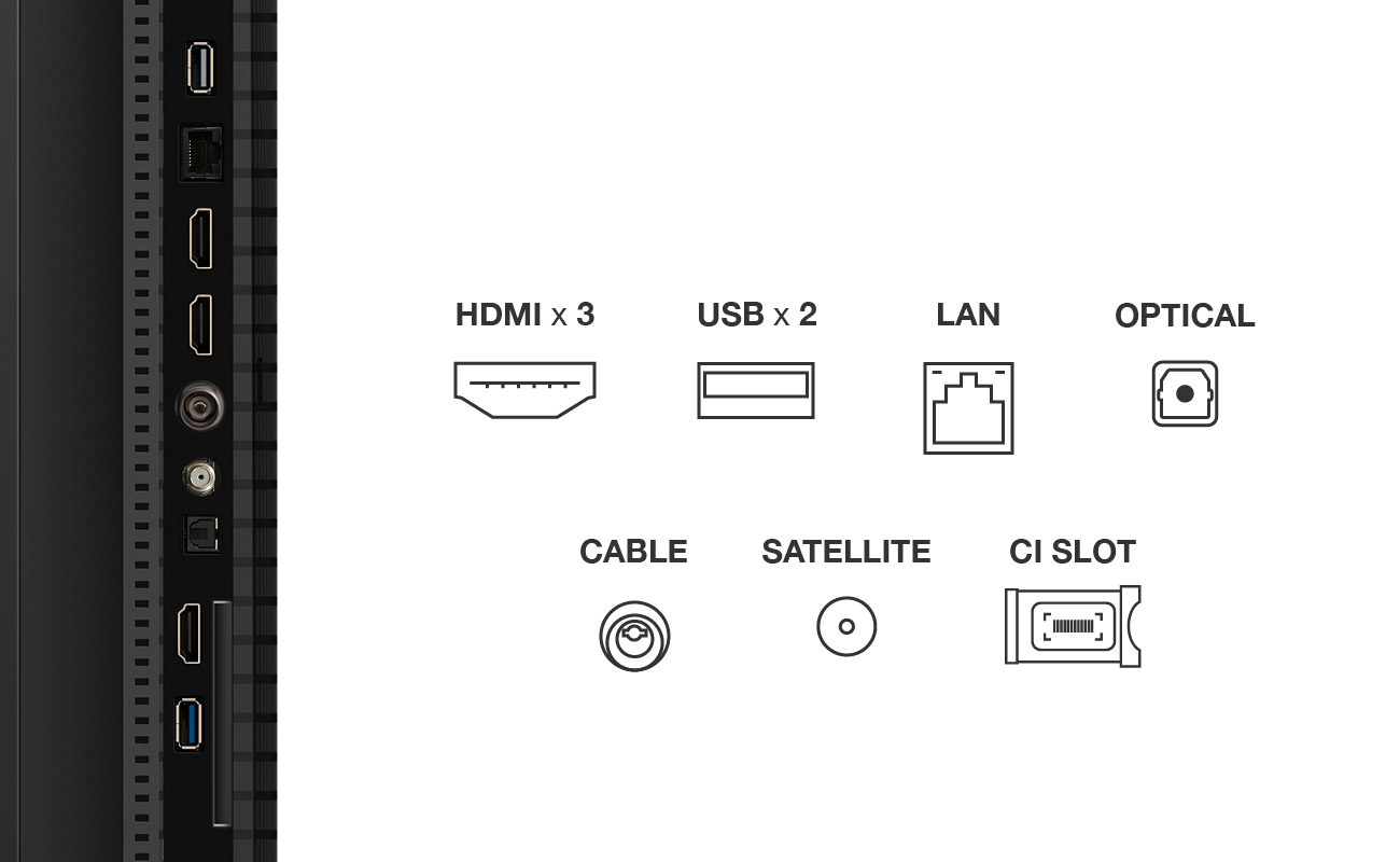 Panneau arrière du téléviseur avec différents ports étiquetés : HDMI, USB, LAN, Optique, Câble, Satellite et fente CI.