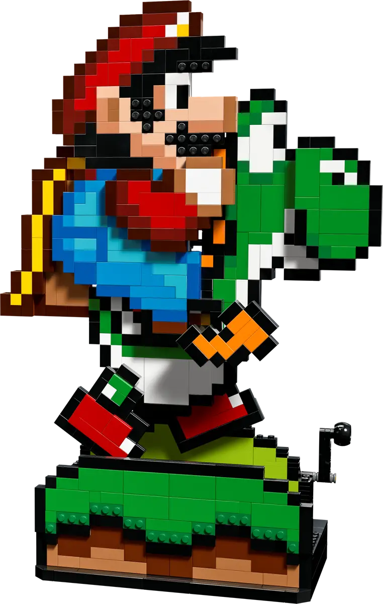 Figurka Lego Mario i Yoshiego. Styl 8-bitowy, na zielonej platformie, czarne tło.