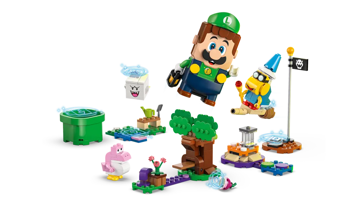 Lego Luigi i inne postacie z Mario. Wiele struktur Lego na czarnym tle.