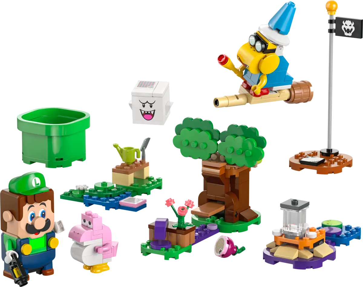Lego Luigi i różne struktury z motywem Mario. Czarne tło, wiele elementów.