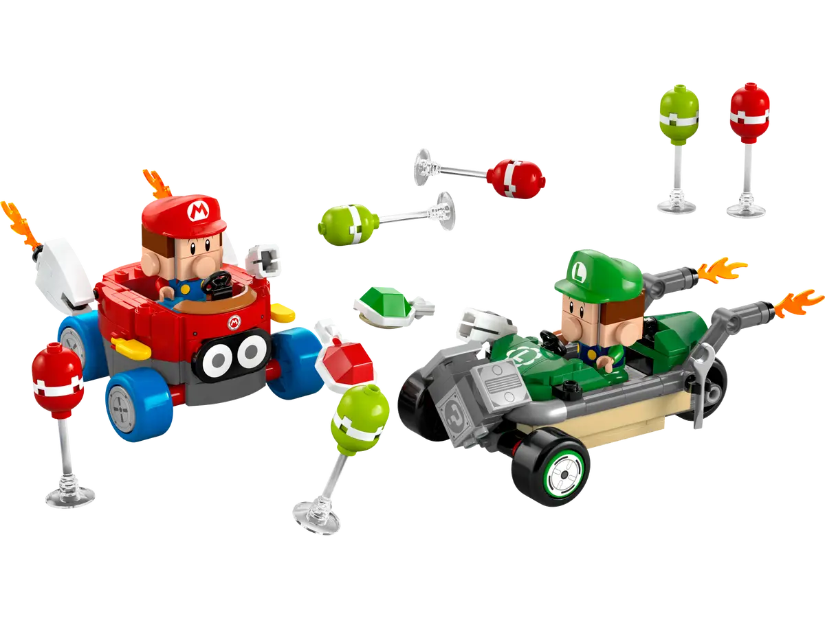 Lego Mario i Luigi w kartach z unoszącymi się przedmiotami i przeszkodami na czarnym tle.