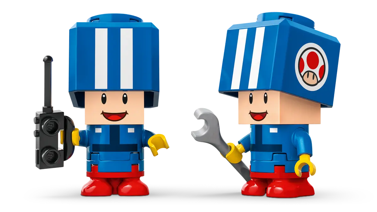 Figurki Lego w niebieskich kombinezonach z czapkami, pilotem/kluczem, czerwone buty, czarne tło.