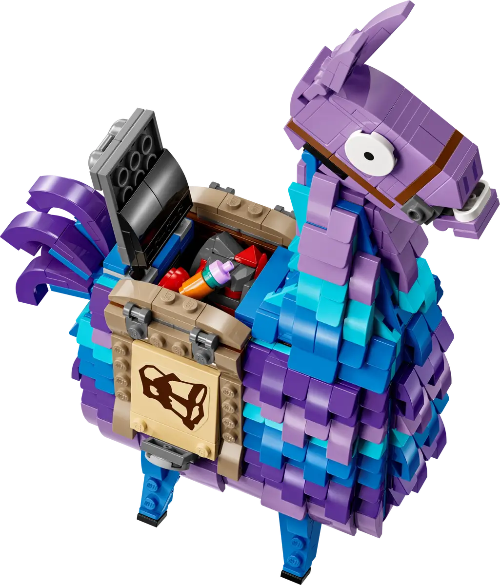 Lego Fortnite Llama. To fioletowa lama z pojemnikiem na plecach i detalami Lego.