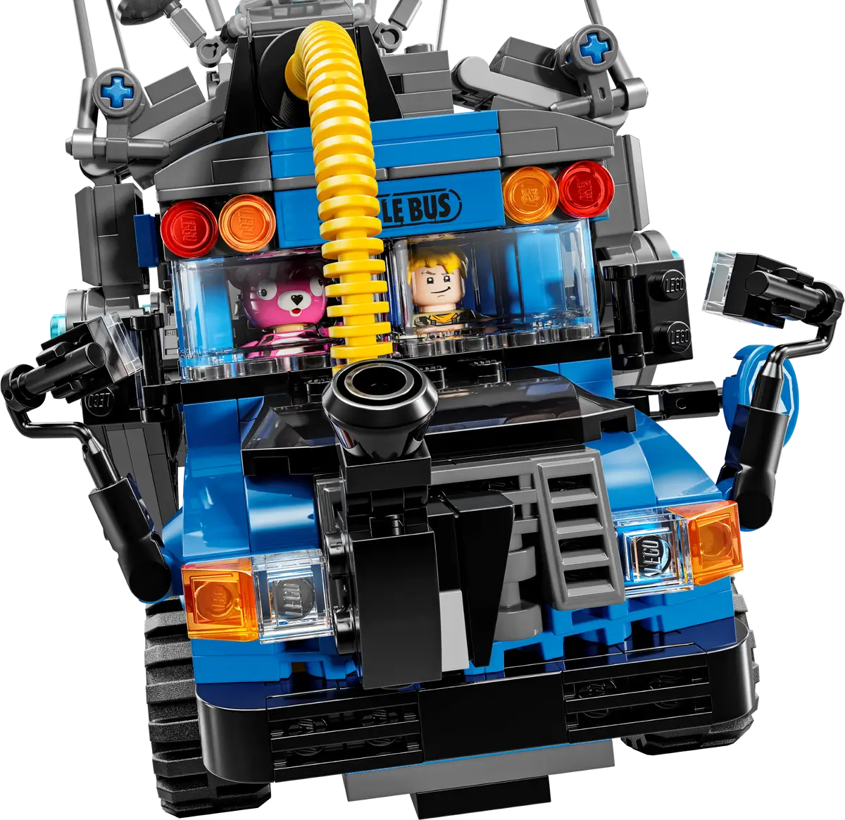 Lego Fortnite Battle Bus z dwiema postaciami w środku. Niebieski autobus ze szczegółami.