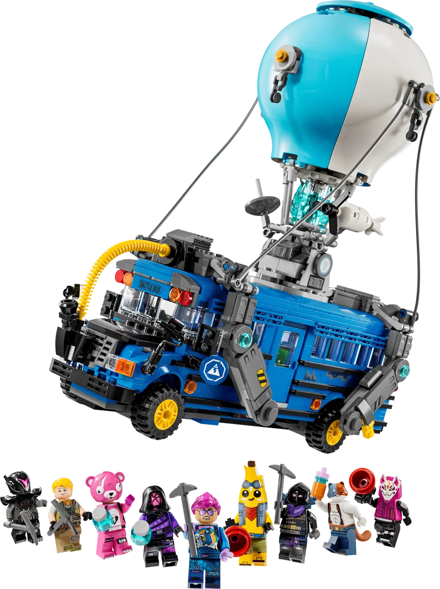 Lego Fortnite Battle Bus z figurkami i balonem. Niebieski autobus ze szczegółami.