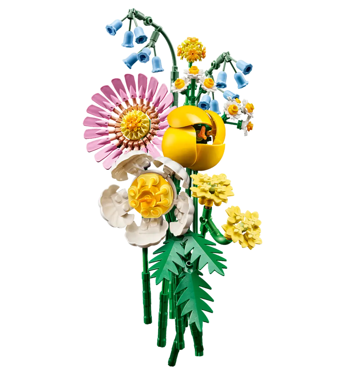 Kwiaty Lego, bukiet różnych kwiatów w różnych kolorach i kształtach.
