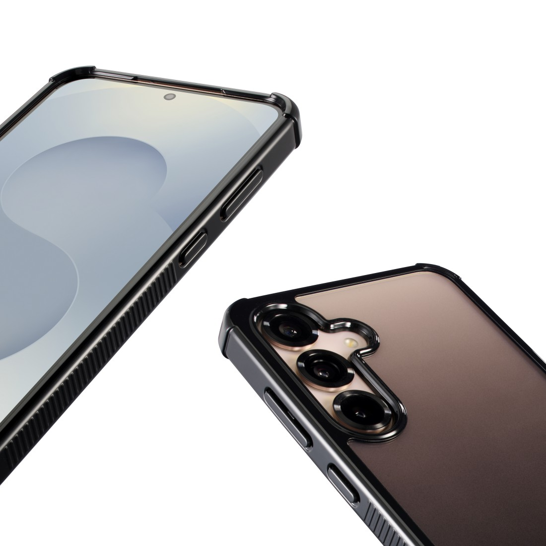 Zwei Smartphone-Hüllen. Eine mit Bildschirm, eine mit Kamera. Schwarz, sauberes Design.