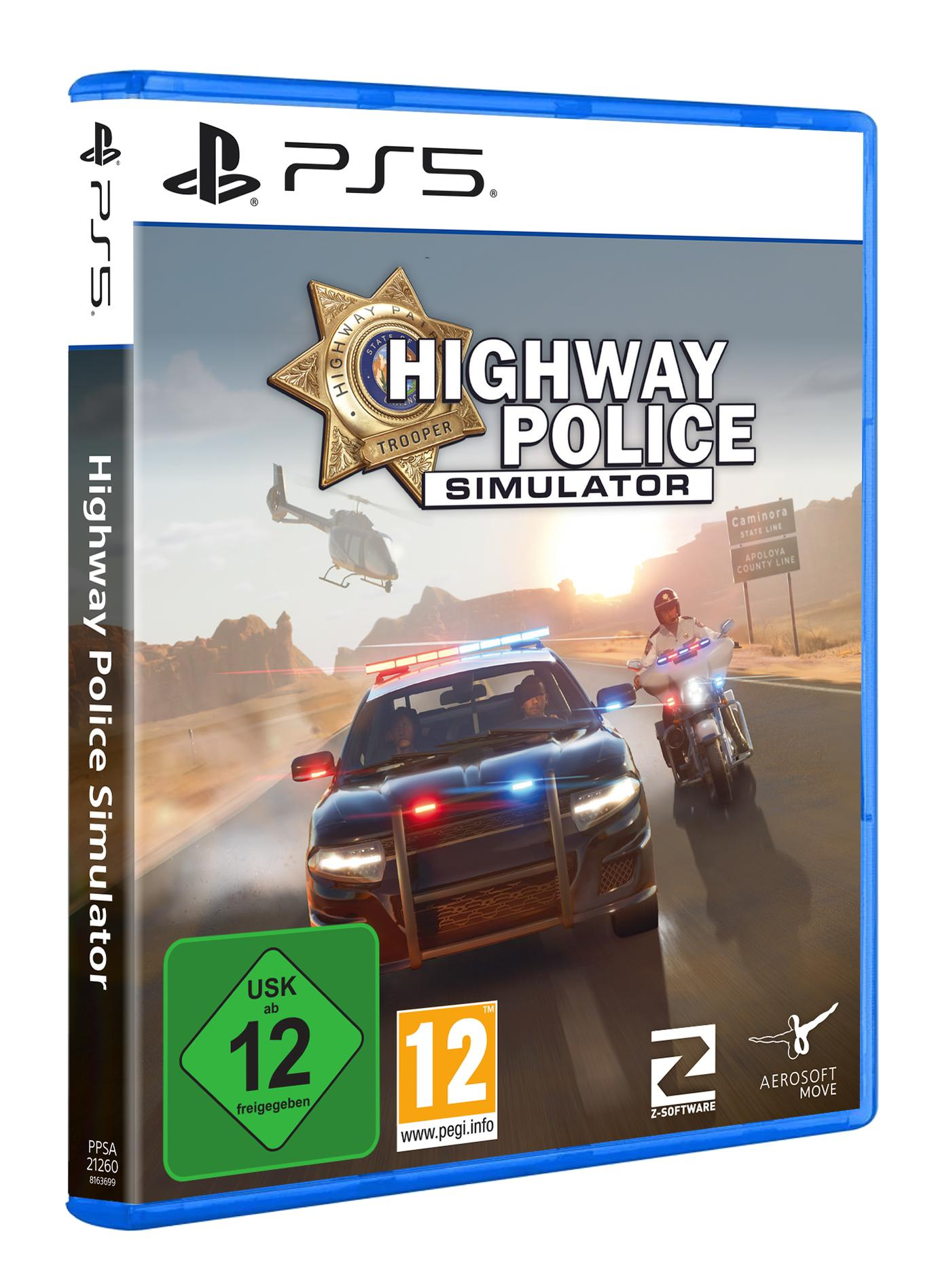 PS5-Spielbox. Highway Police Simulator. Polizeiauto und Motorrad auf der Straße. Hubschrauber am Himmel.