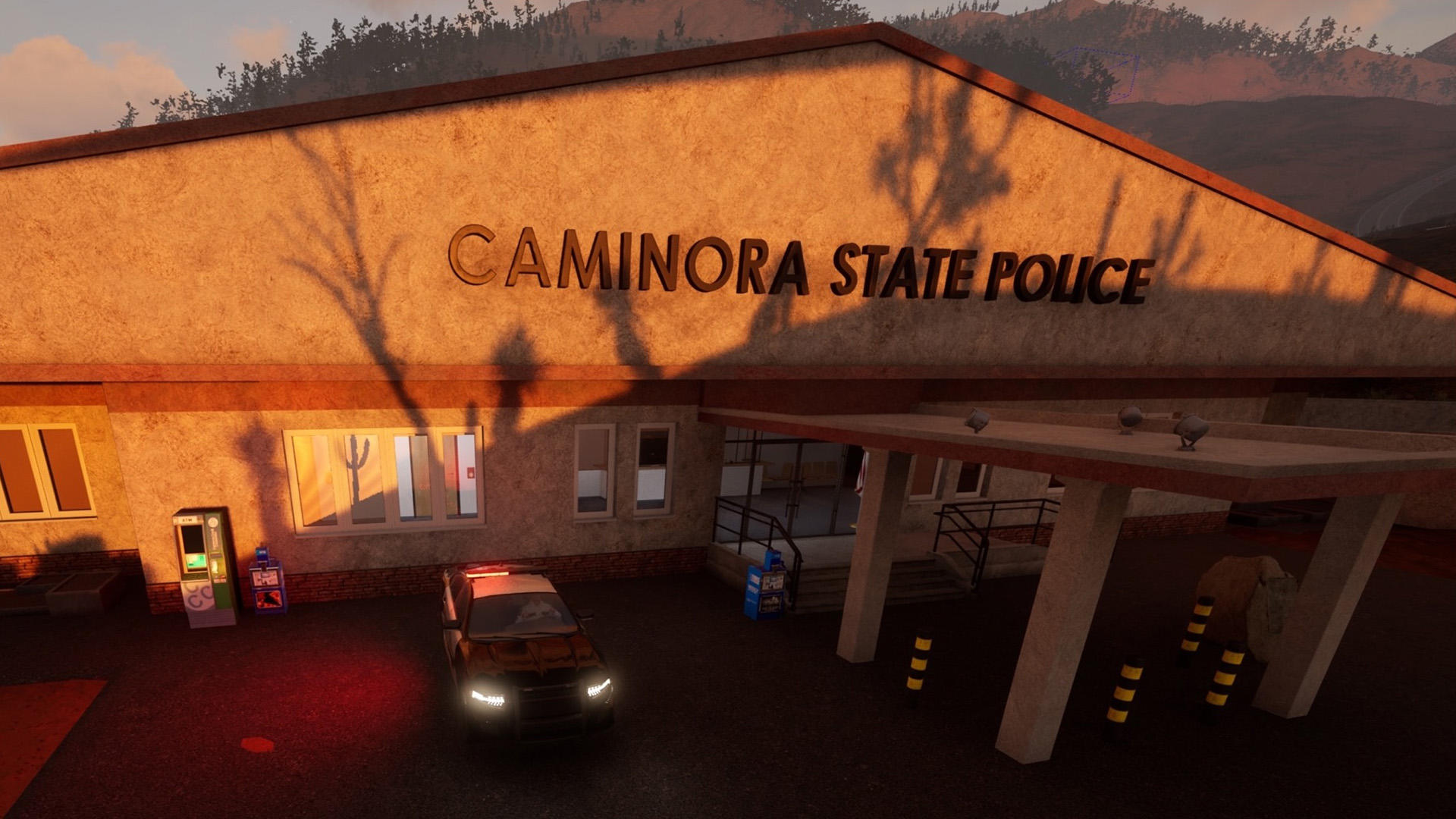 Eine Polizeistation bei Sonnenuntergang. Die Worte CAMINORA STATE POLICE stehen auf dem Gebäude.