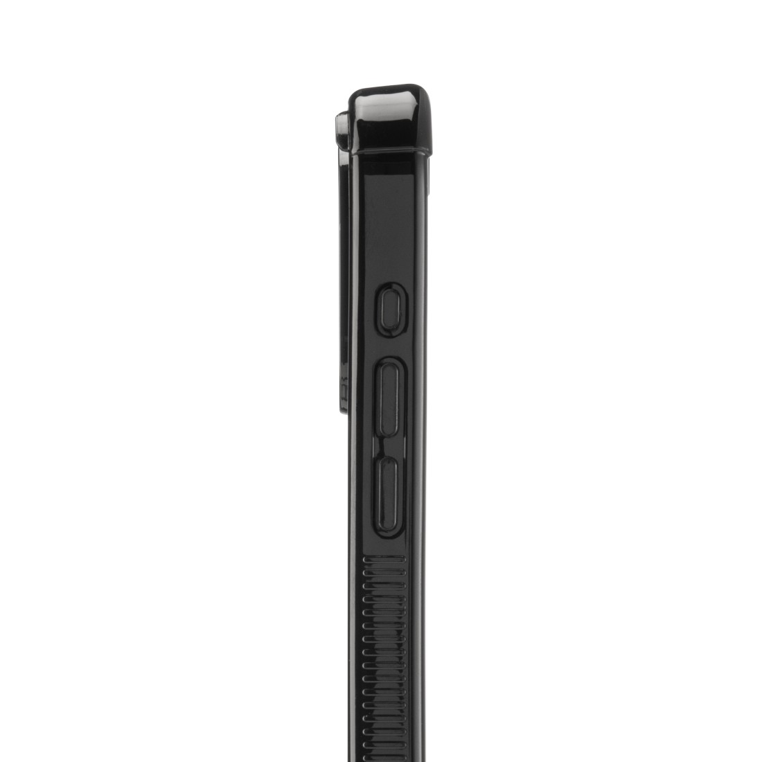 Seitenansicht einer schwarzen Handyhülle mit Knöpfen und schlankem Design.