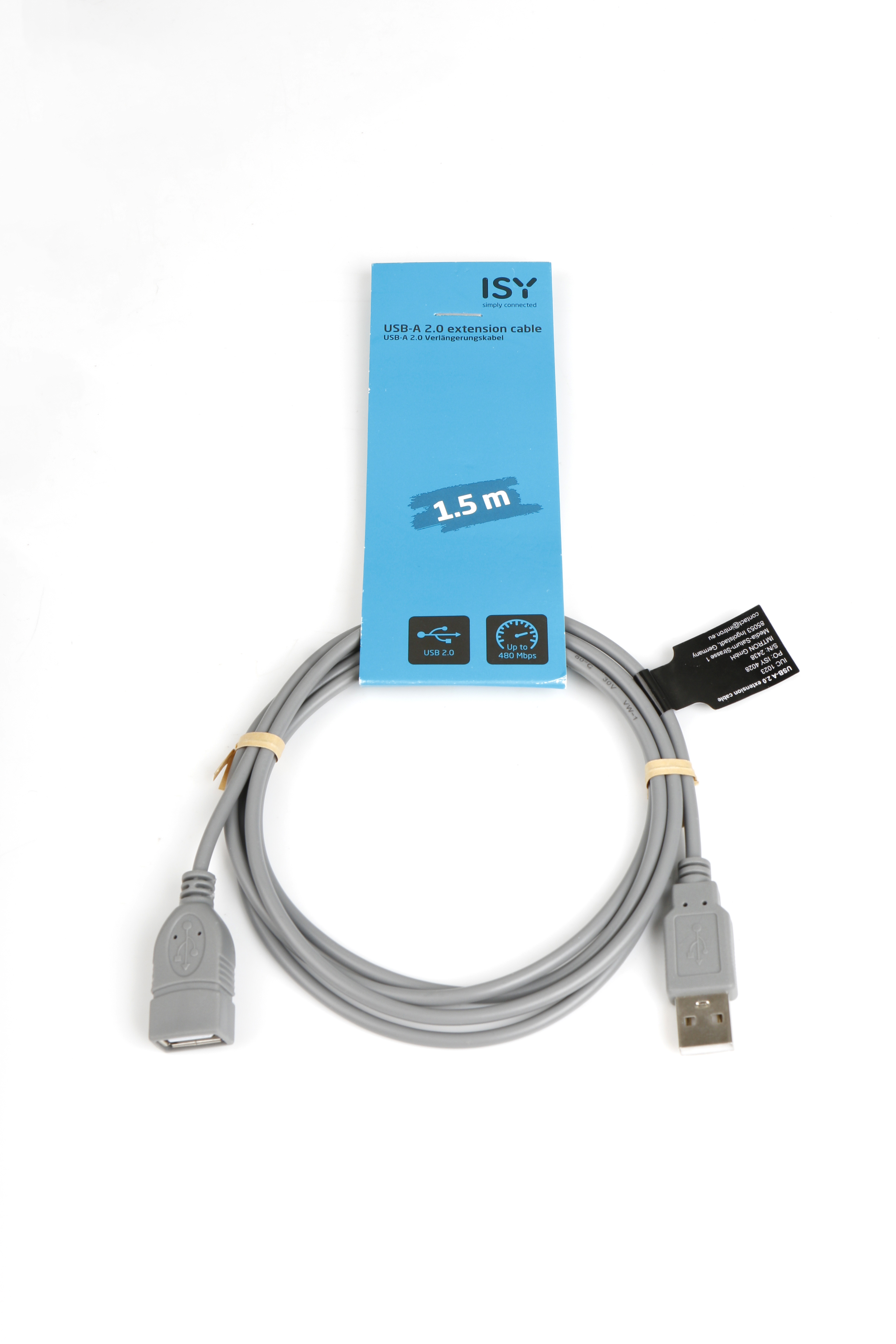 Graues 1,5m USB-A 2.0 Verlängerungskabel mit Stecker und Buchse.