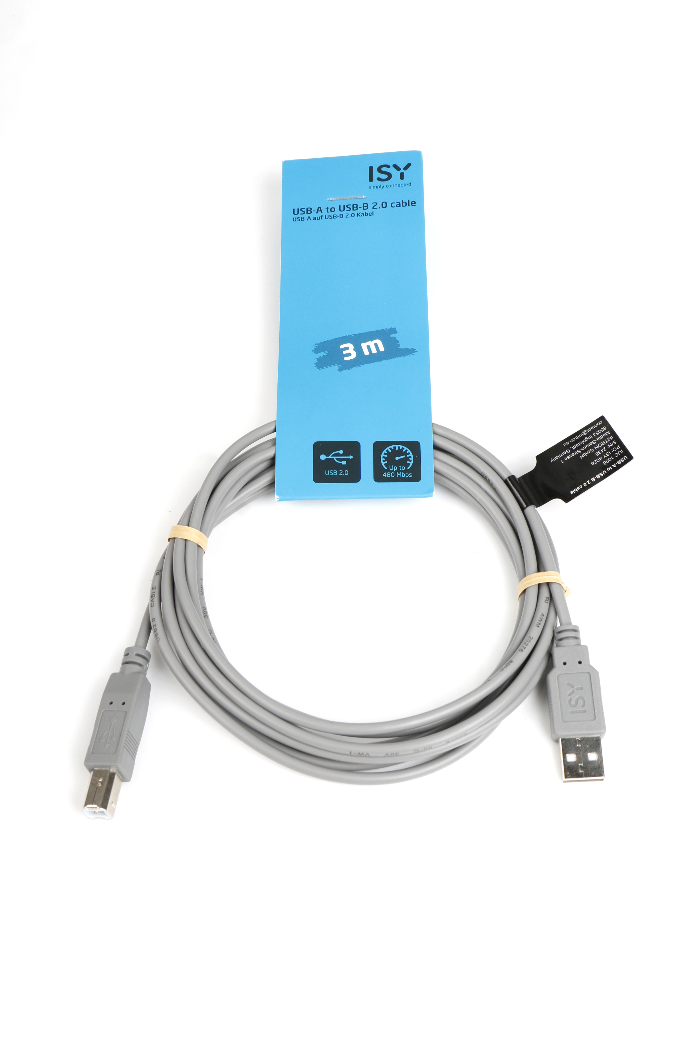 Ein graues USB-A zu USB-B 2.0 Kabel mit 3m Länge, aufgerollt und mit Gummiband befestigt.