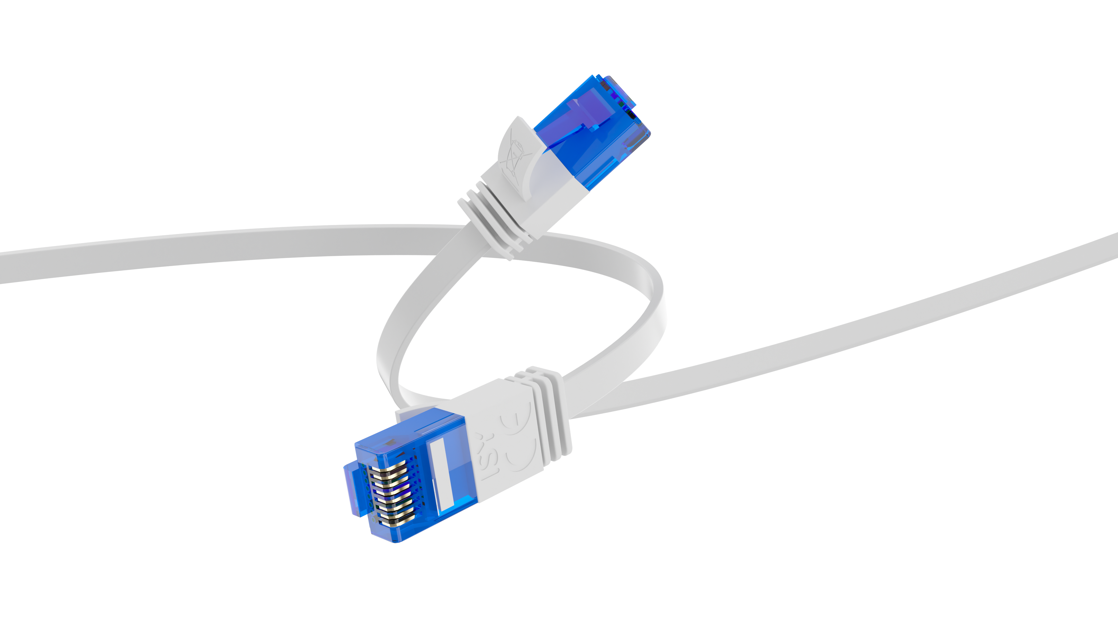 Dwa białe kable sieciowe z niebieskimi złączami na czarnym tle.