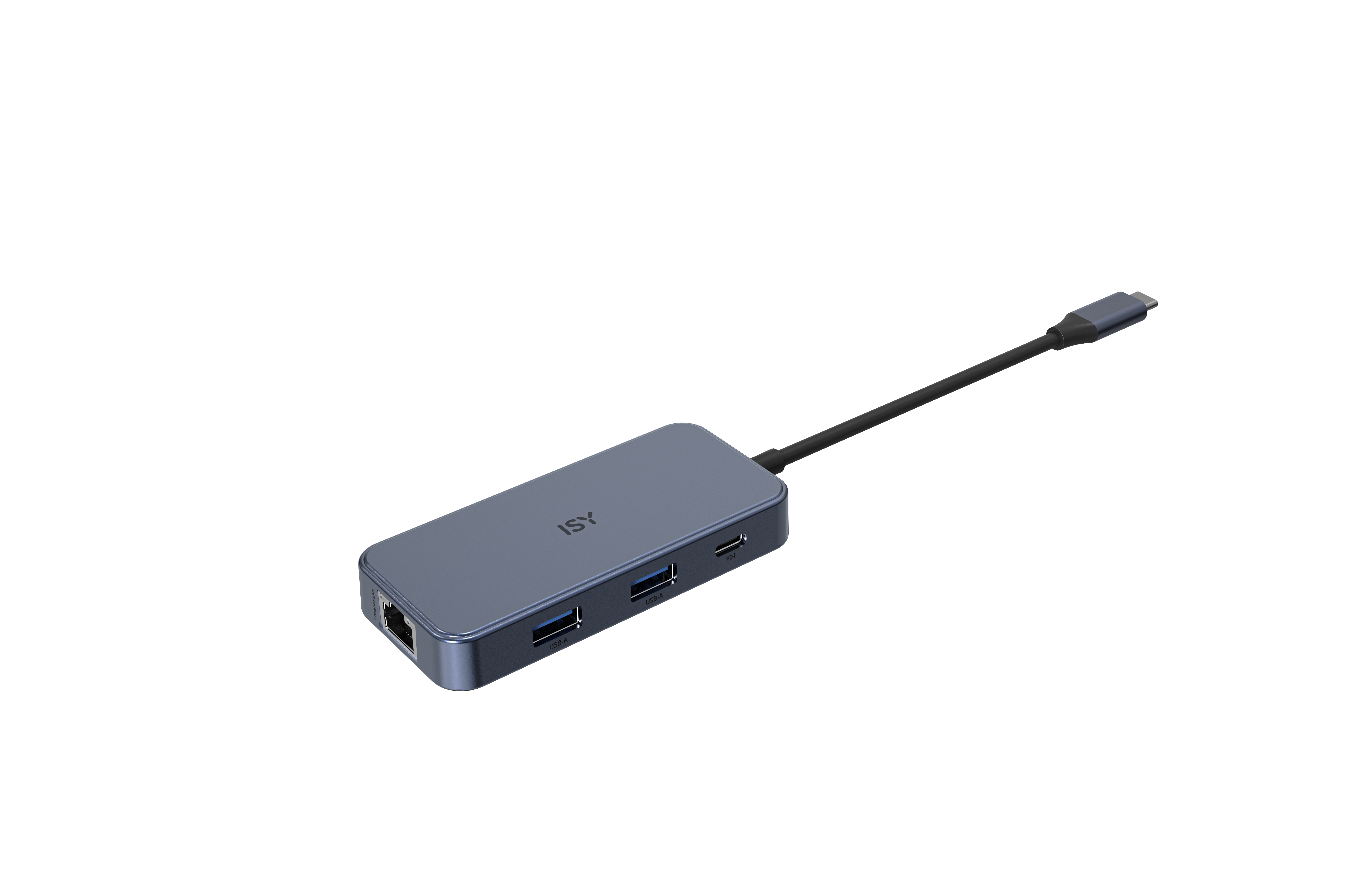 Hub USB ISY bleu avec ports et câble noir, sur fond noir.