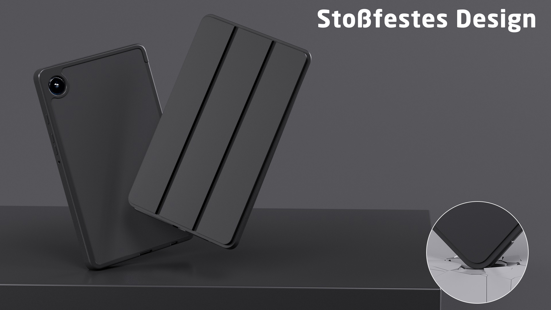 Zwei schwarze Tablet-Hüllen auf grauem Hintergrund. Stoßfestes Design.