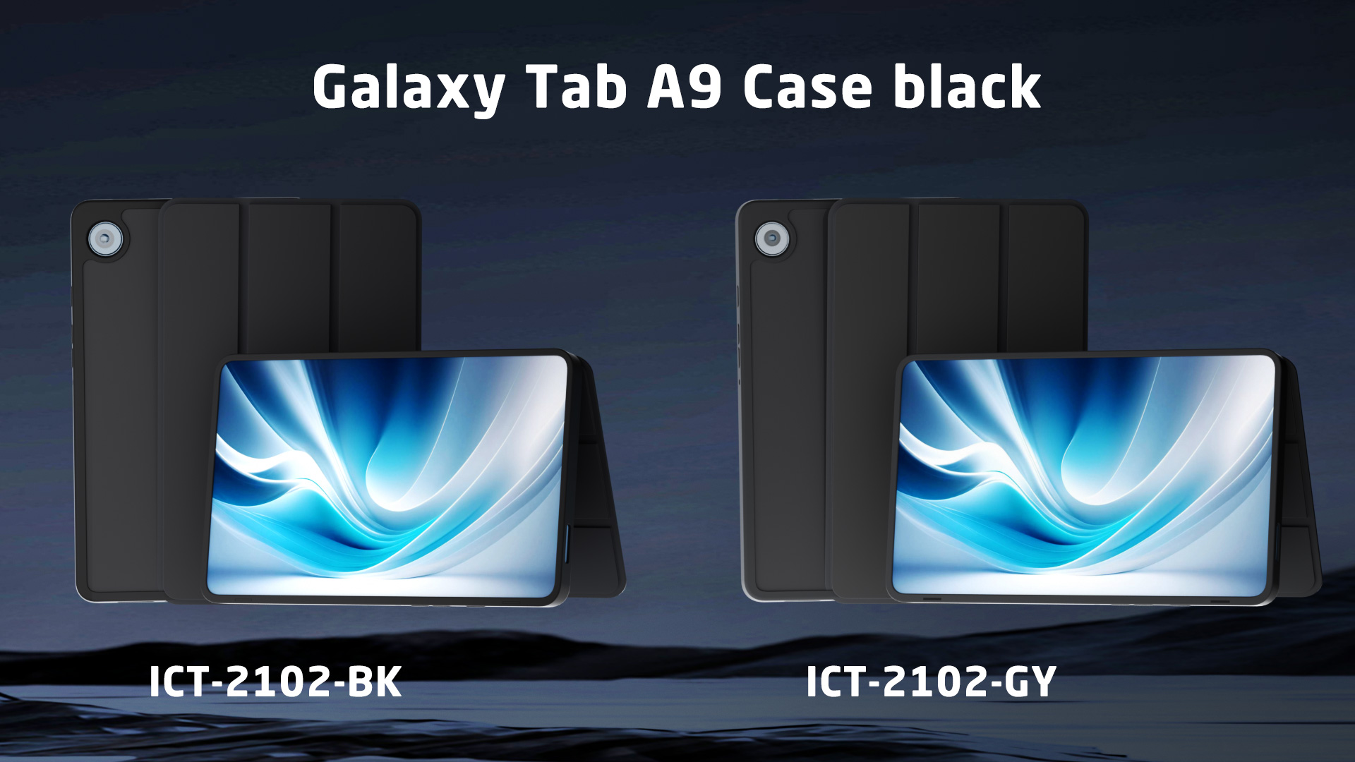 Zwei schwarze Galaxy Tab A9 Hüllen mit Tablets. Links ICT-2102-BK, rechts ICT-2102-GY.